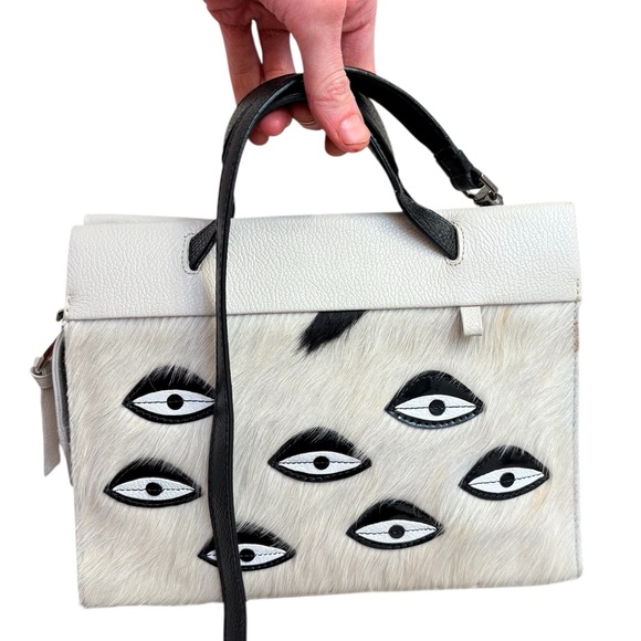 Min & Mon Handbags - Vali Crossbody Small Cream Leather Bag - Eyes Applique Adjustable Handle